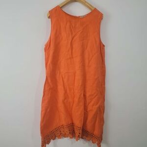 Terzo Millennio Orange Sleeveless Dress with Lace Hem 100% Linen Made In Italy